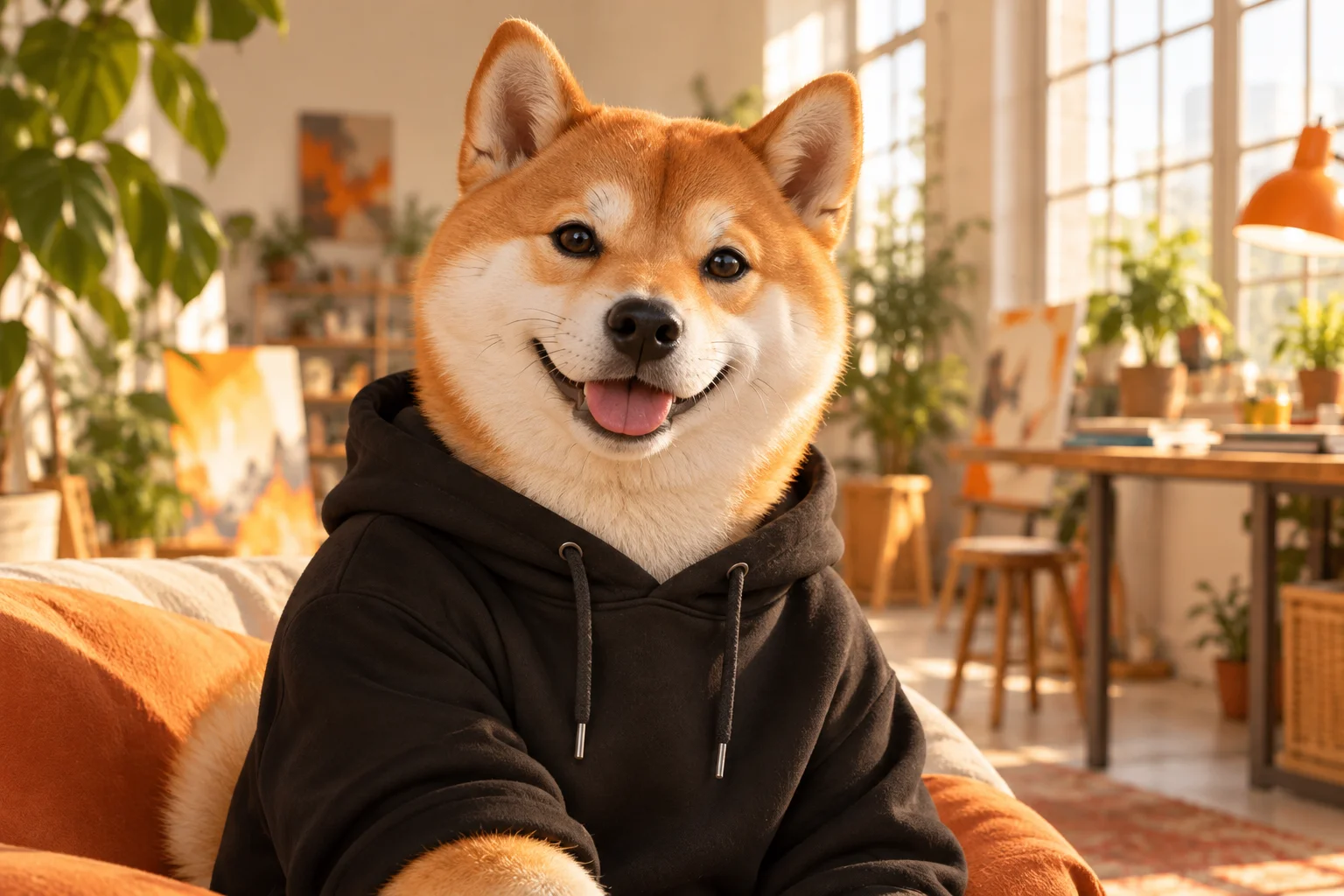 SHIBAIO’s friendly Shiba mascot in a bright creative studio