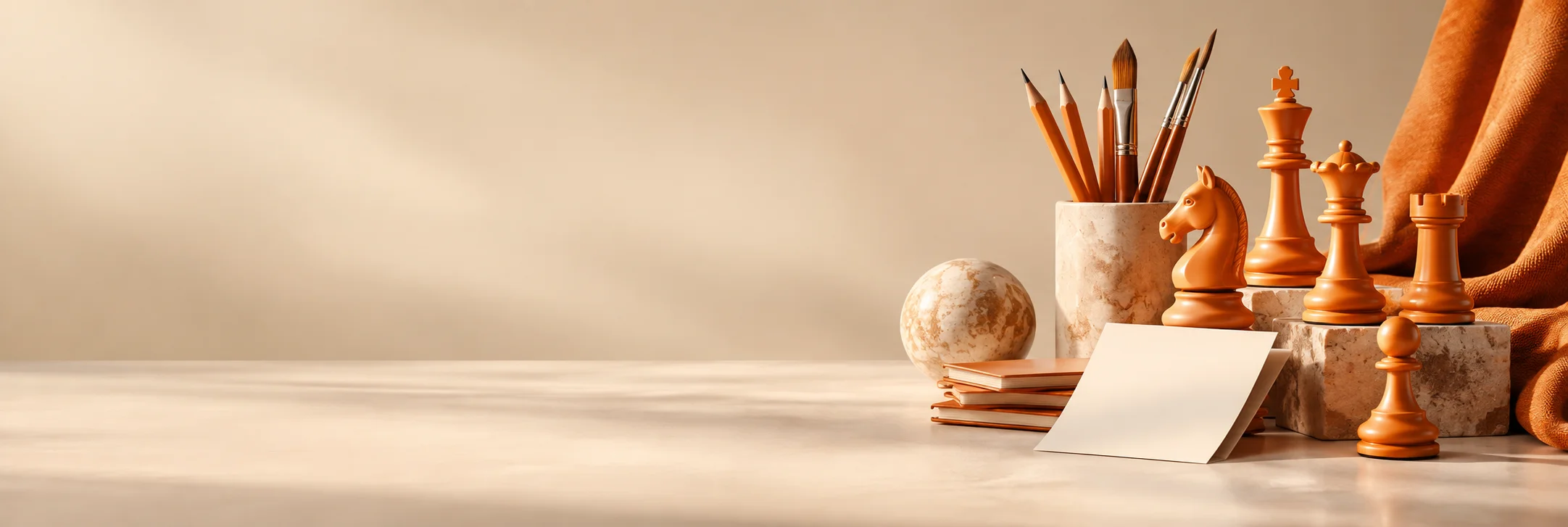 Orange chess pieces and creative tools in a warm studio